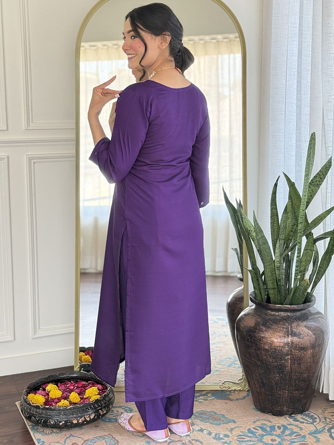 KALINI Floral Yoke Design Sequinned Pure Silk Straight Kurta With Trousers & Dupatta