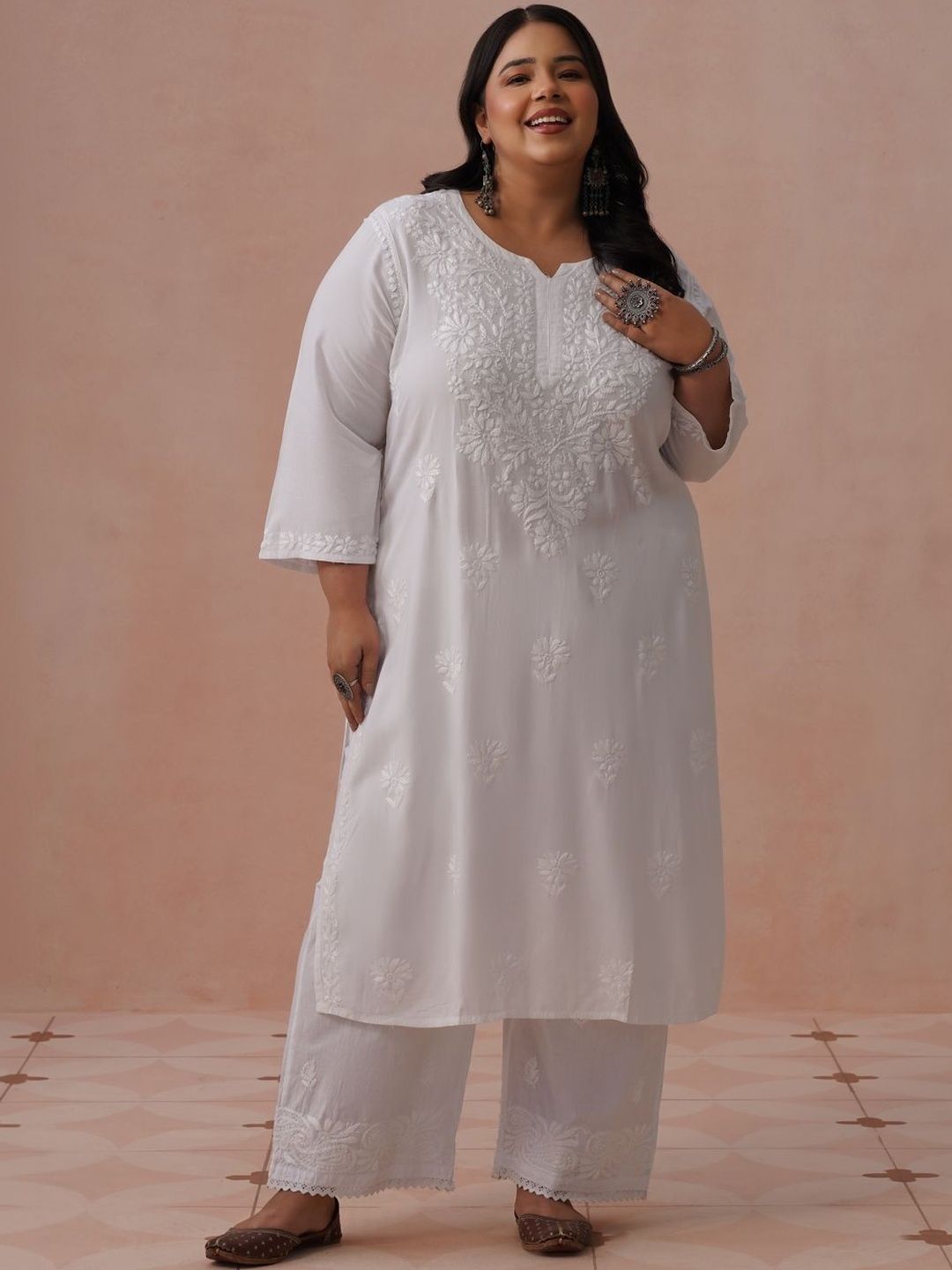 House of Chikankari Ethnic Motifs Viscose Rayon Straight Calf Length Kurta