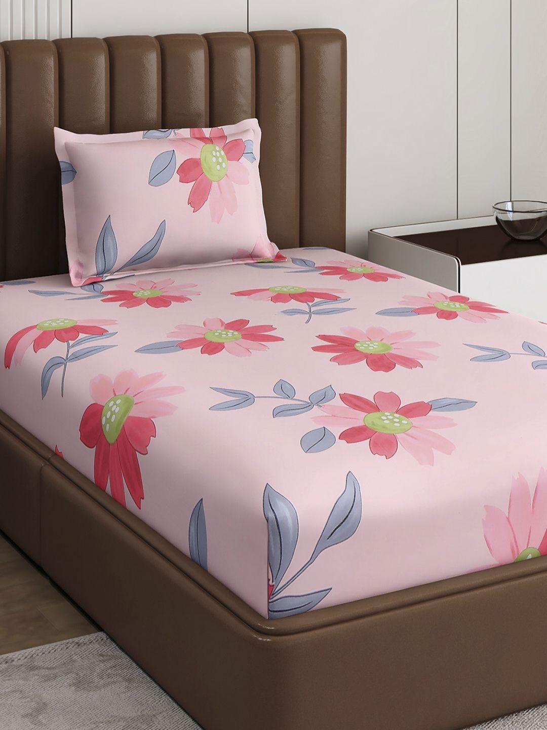 Monte Carlo Pixel Magenta & Gray Floral Dicetak 120 TC Single Bedsheet Set 1.52 m x 2.30 m