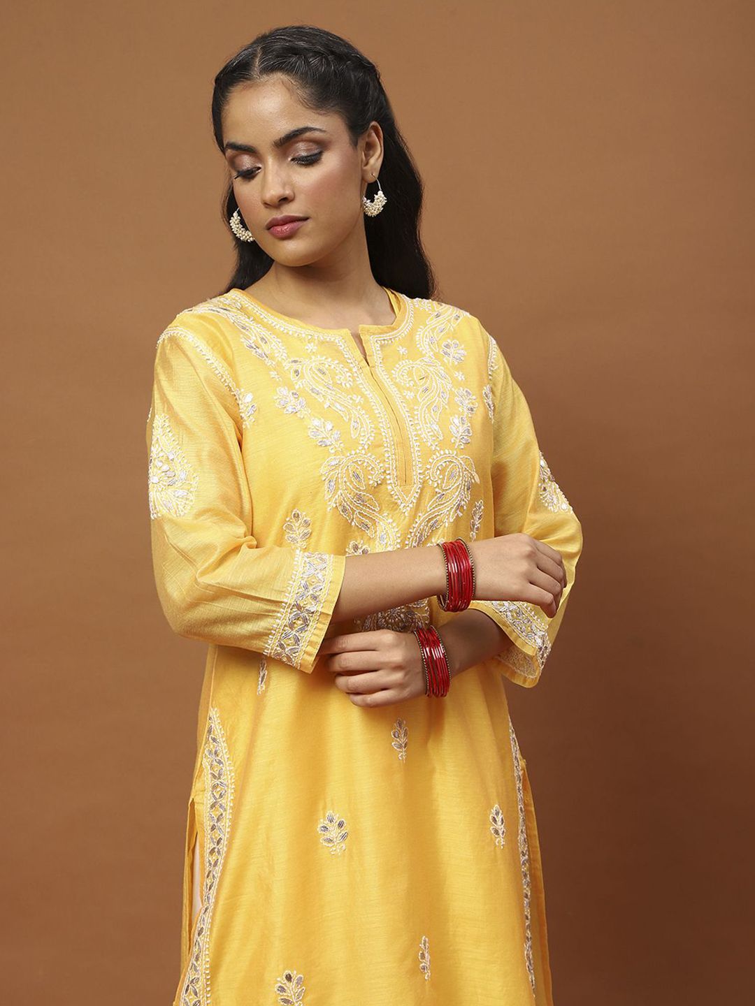 House of Chikankari Women Mustard Yellow Chanderi Chikankari Sulam Set Kurta