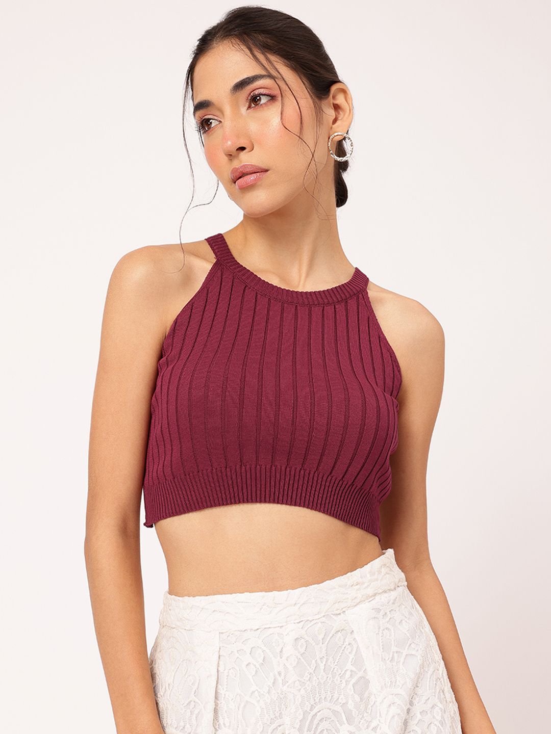 DressBerry Halter-Like Whispers Ribbed Moments Knit Crop Top