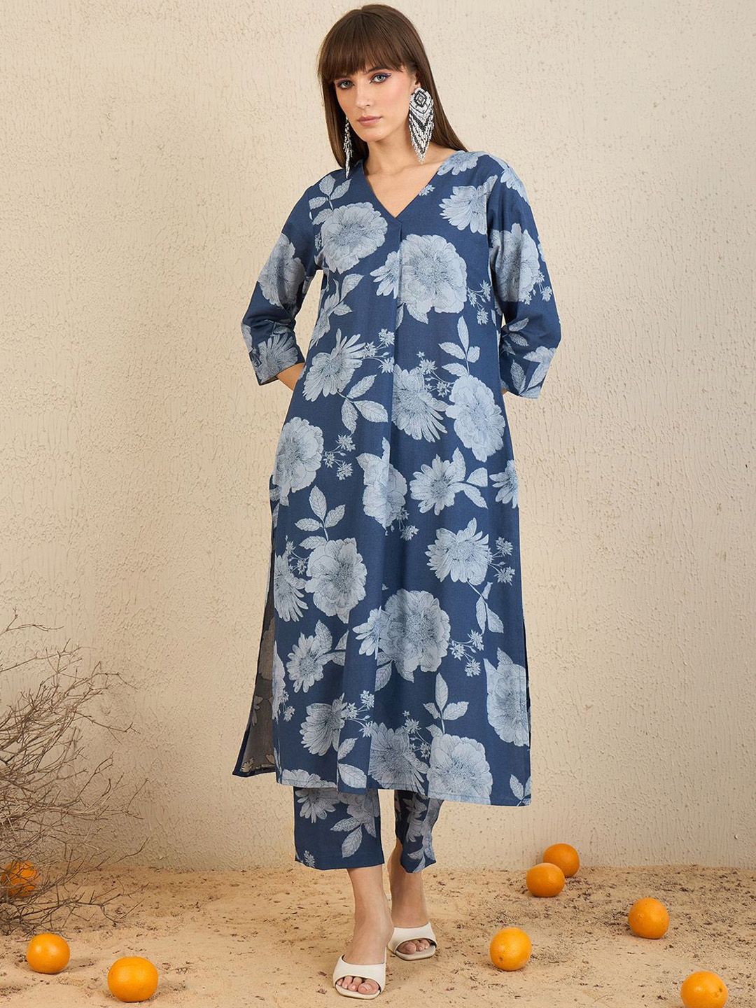 Indo Era Floral Printed Pleated V Neck Straight Kurta With Trousers