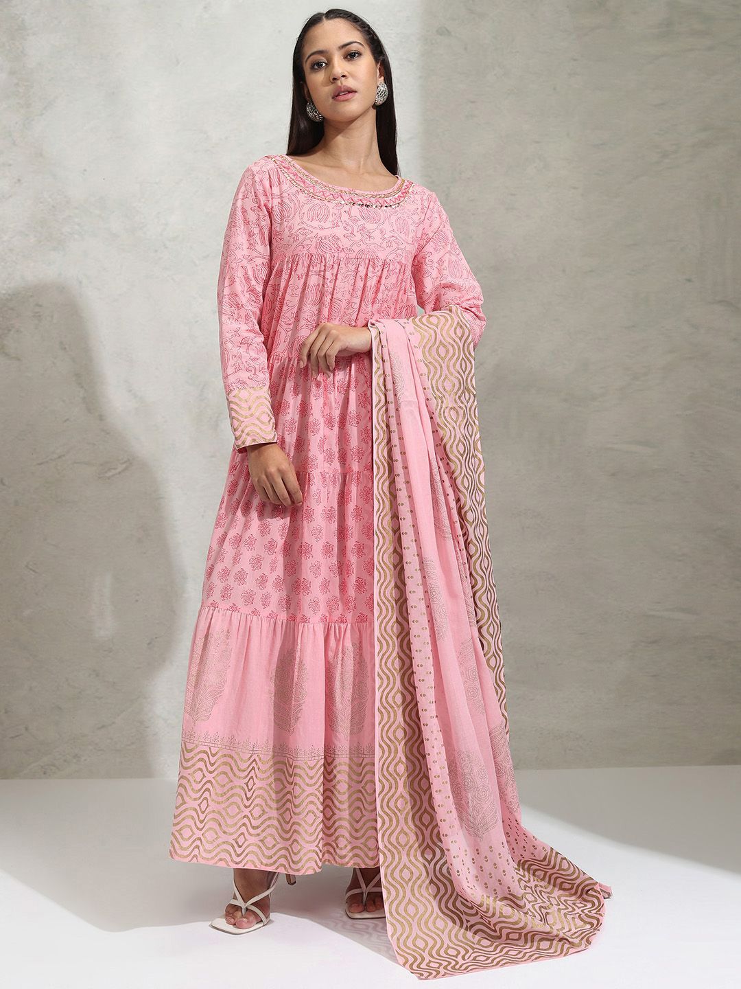 Vishudh Ethnic Motif A-line Tiered Maxi Dress With Dupatta