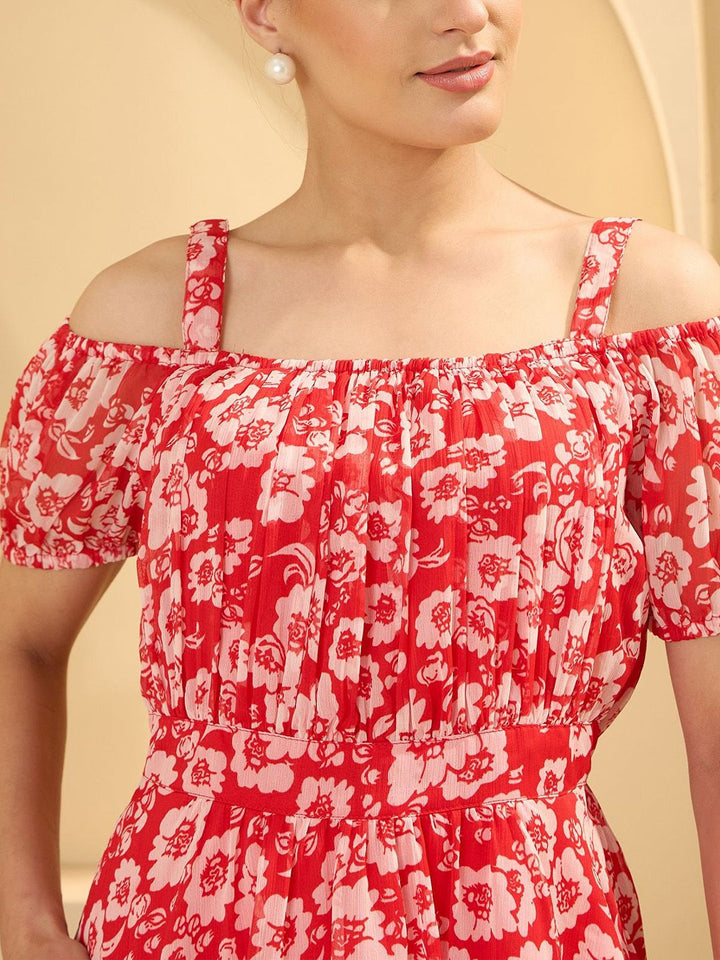 Antheaa  Women Floral Print Chiffon Bardot Top