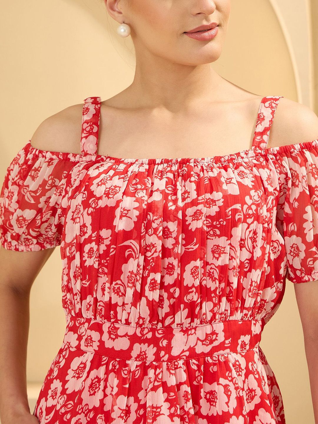 Antheaa  Women Floral Print Chiffon Bardot Top