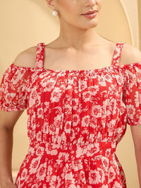 Antheaa  Women Floral Print Chiffon Bardot Top
