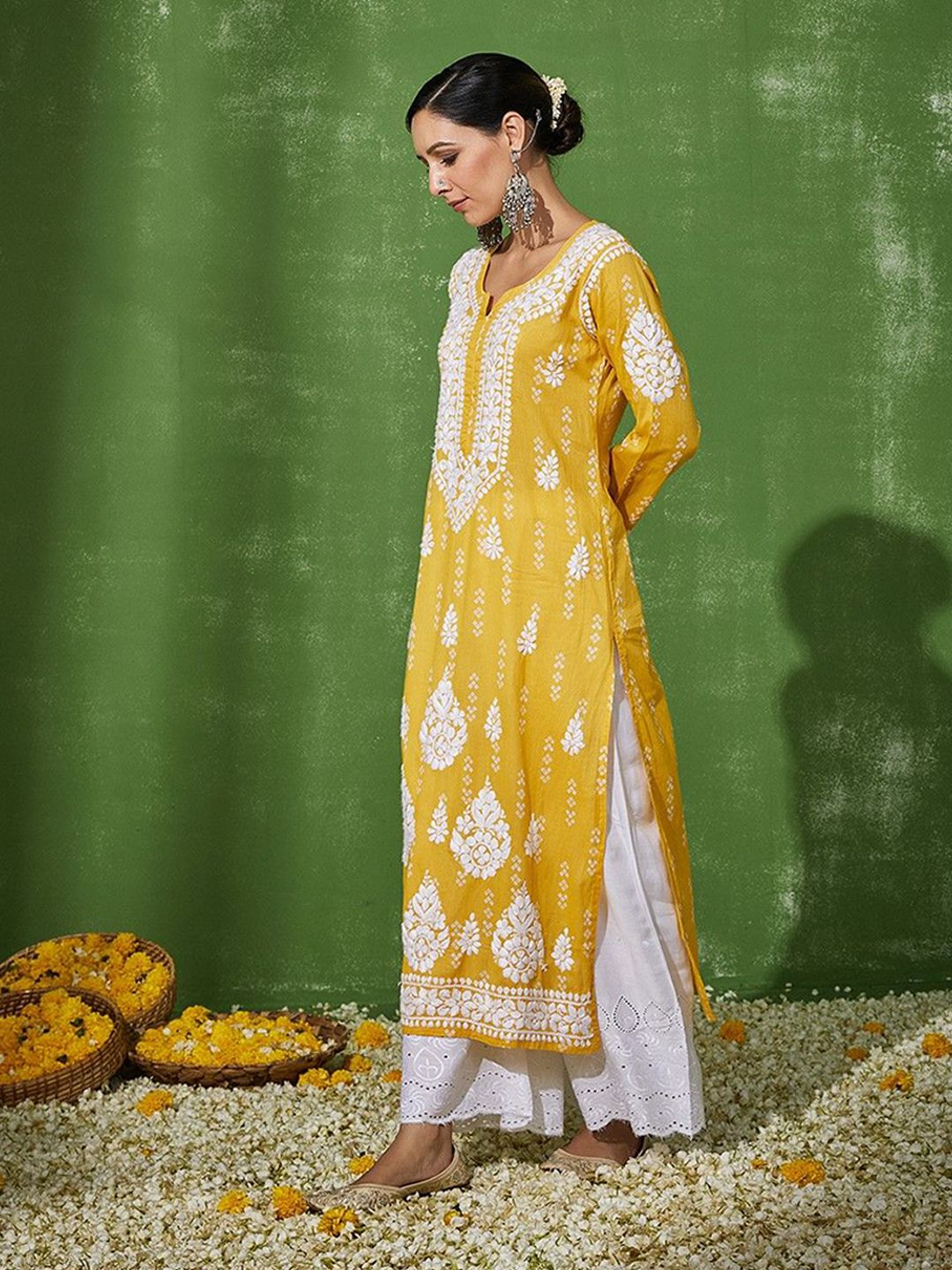 House of Chikankari Women Yellow Cotton Chikankari Embroidered Kurta