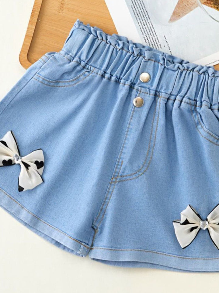 YK Girls Embellished Washed Regular Fit Bow Detailed Mid-Rise Denim Shorts