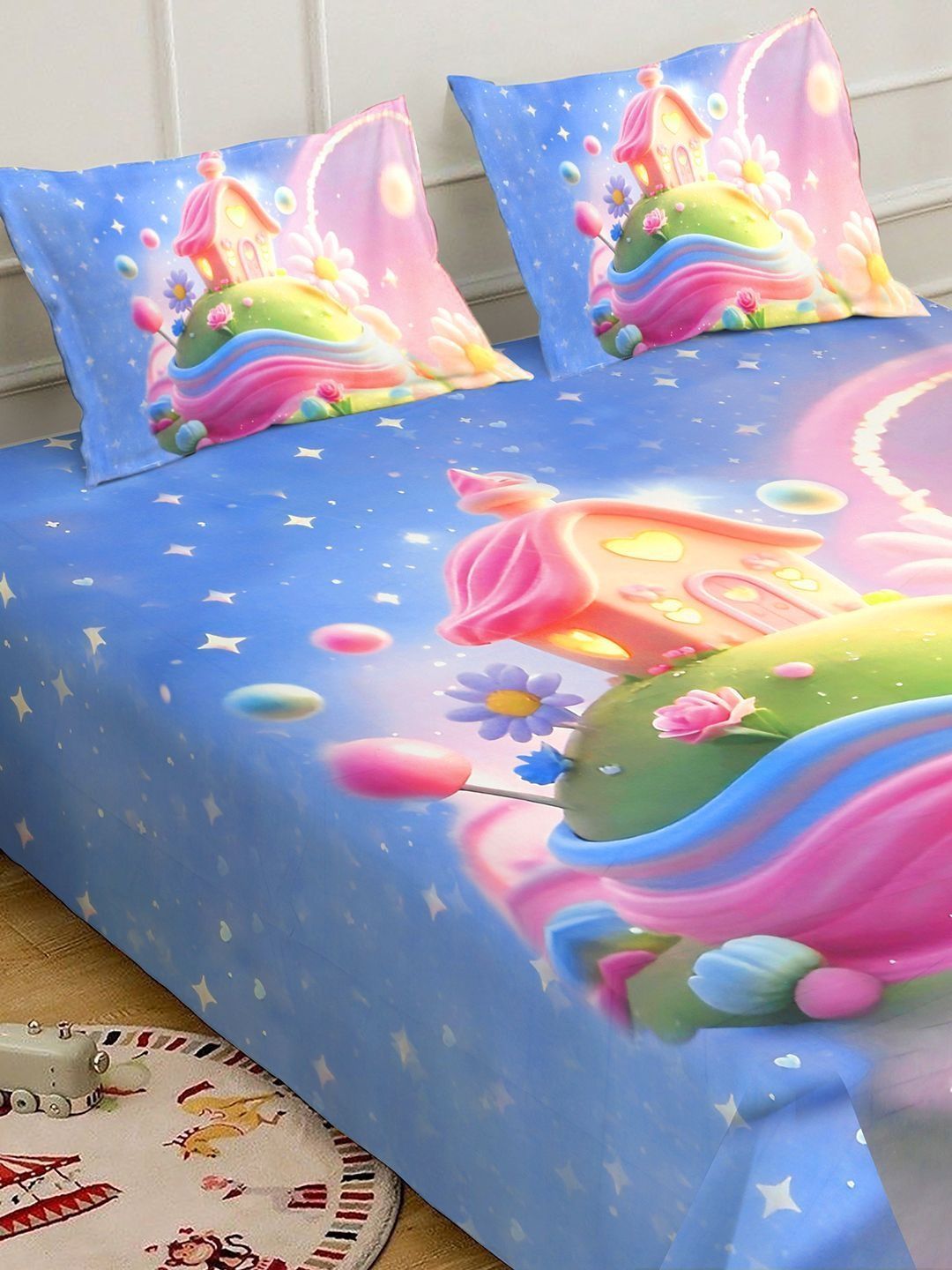 Blue Cartoon Characters 7D 400 TC Double King Superfine Bedsheet With 2 Pillow Cover