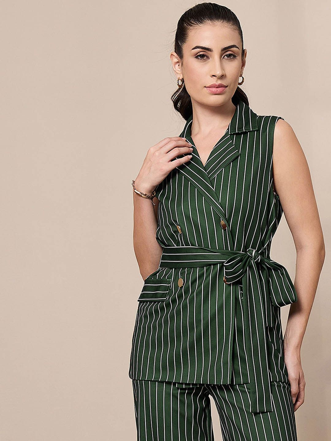 SASSAFRAS worklyf Vertical Striped Sleeveless Double Breasted Front Tie Up Blazer