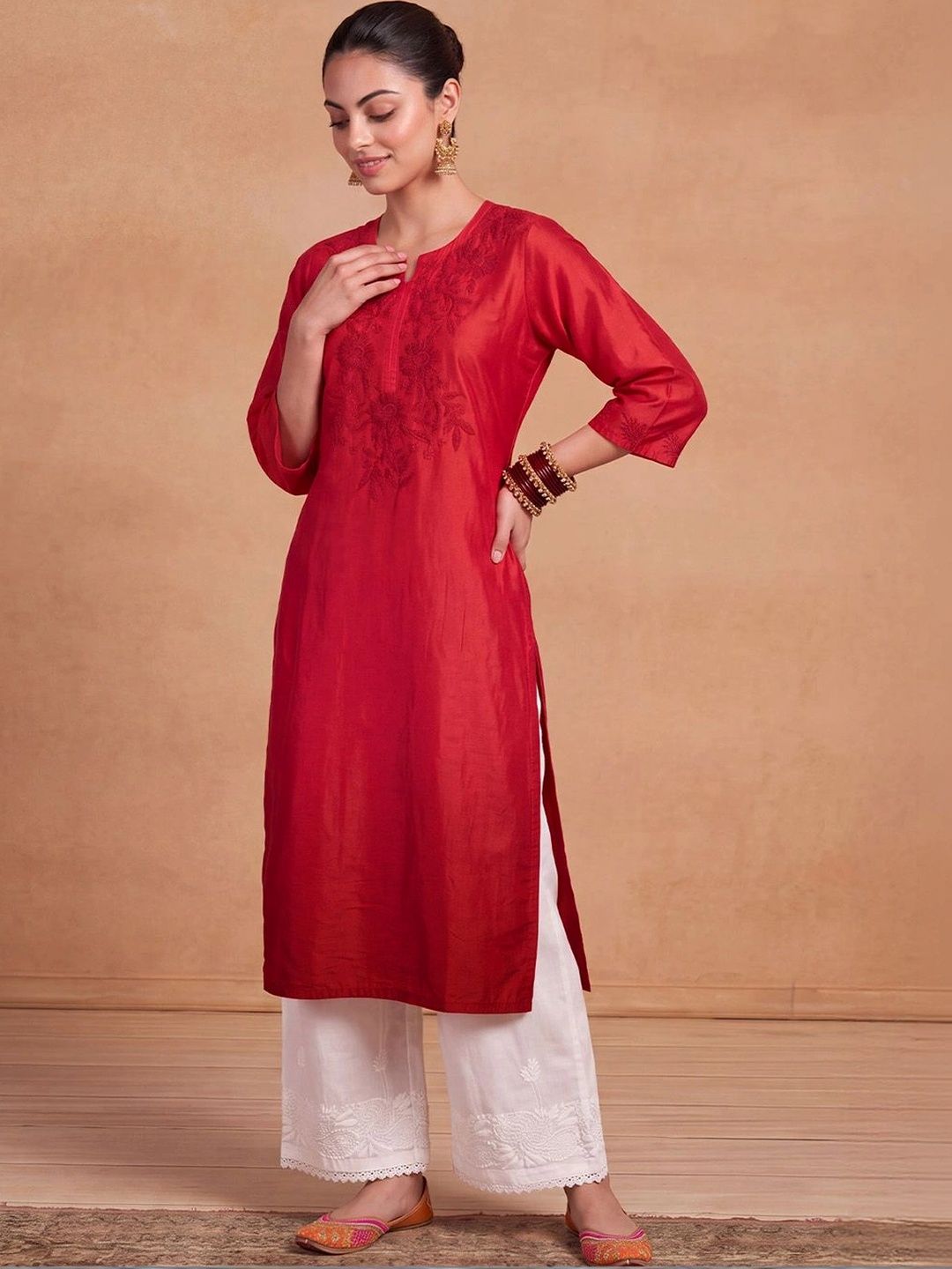 House of Chikankari Women Embroidered Thread Work Chanderi Silk Kurta
