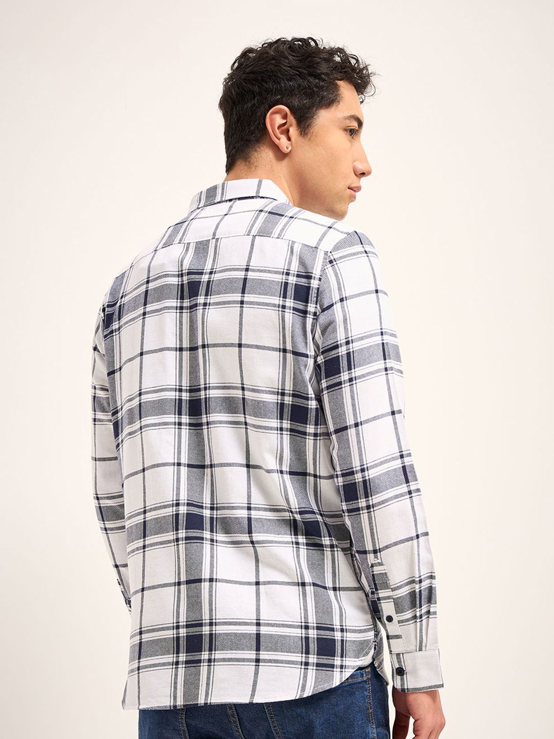 THE BEAR HOUSE Men Button-Down Collar Tartan Checked Cotton Slim Fit Casual Shirt