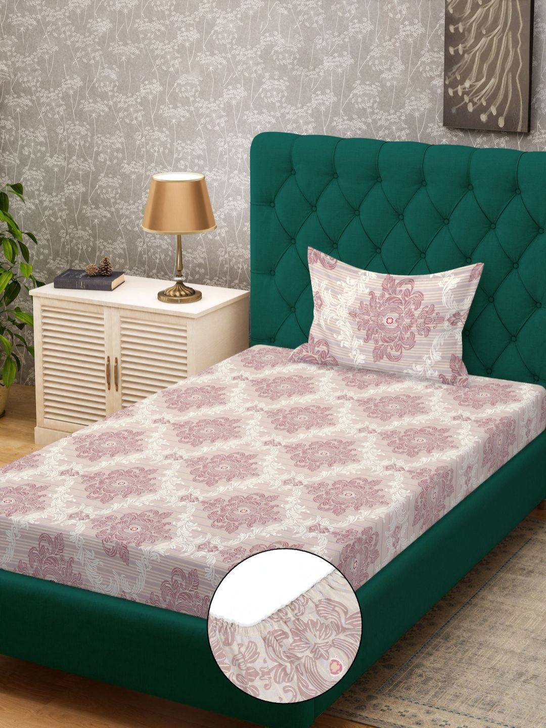 KLOTTHE Grey Ethnic Motifs Polycotton 300 TC Fitted Single Fine Bedsheet with a Pillow Cover-89 x 59 inches