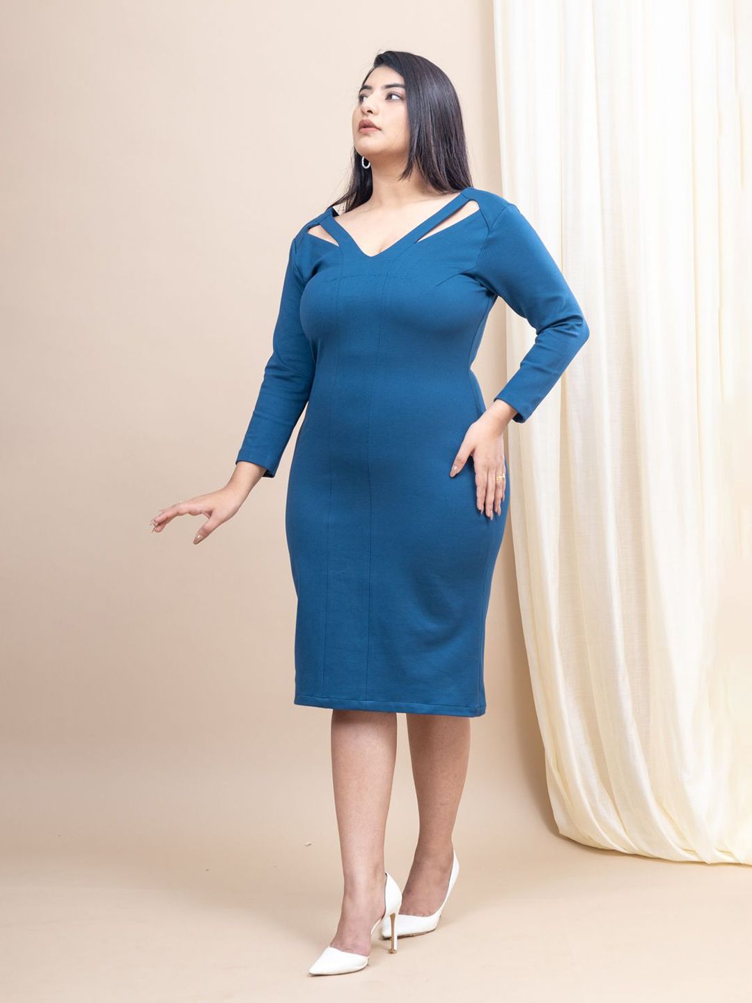 Pakaian Bodycon Potongan V0Neck Padat Wanita Mamicha