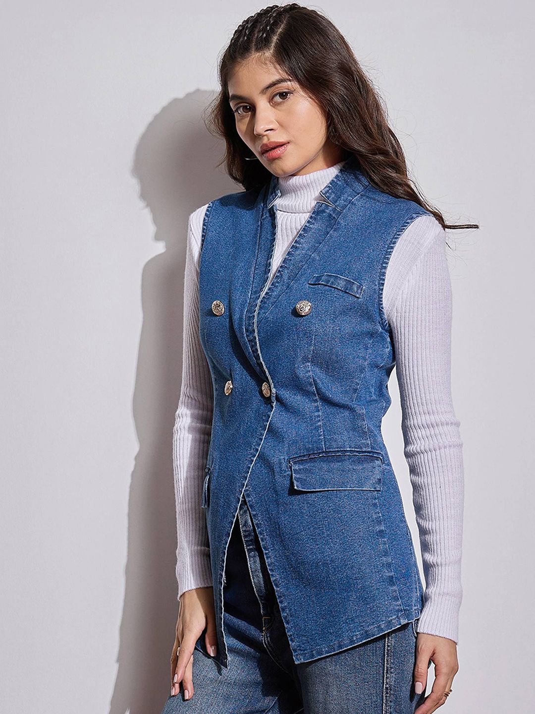 Sassafras wanita lapel collar dibasuh jaket denim kasual pepejal