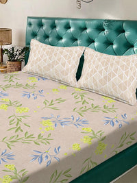 KLOTTHE Beige Floral 300 TC King Bedsheet with 2 Pillow Covers