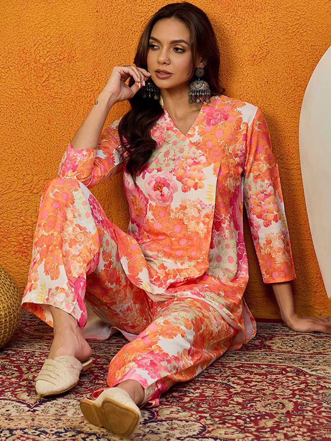 KALINI Printed Mandarin Collar Top With Trousers