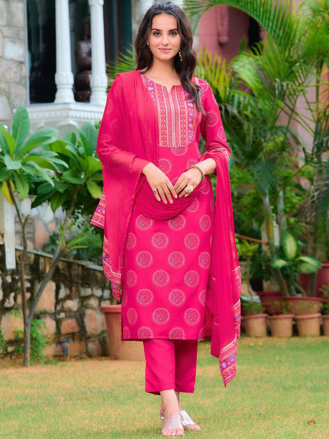 KALINI Floral Printed Gotta Patti Notch Neck Straight Kurta with Trousers & Dupatta