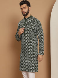 Anouk Men Green Geometric Thread Work Pathani Kurta