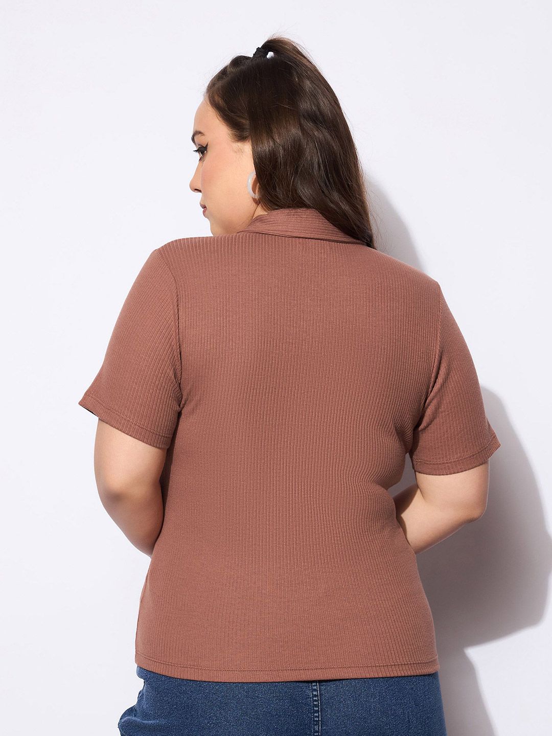 Sassafras Curve Women Ribbed Ribbed Shirt Collar Top