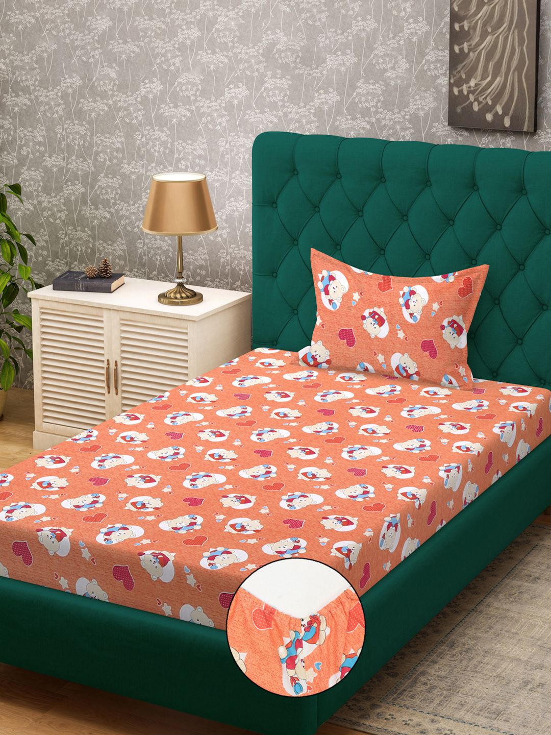 KLOTTHE Kapas Tulen Perbualan Oren 400 TC Dilengkapi Cadar Bujang Superfine dengan 2 Sarung Bantal-89 x 59 inci