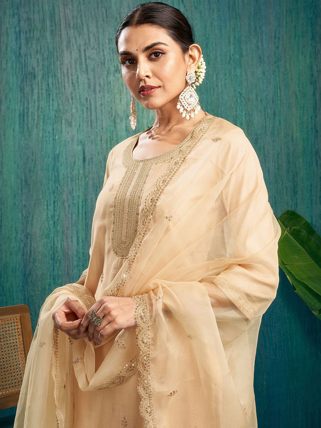 KALINI Ethnic Motifs Embroidered Sequinned Chanderi Silk Kurta & Trouser & Dupatta