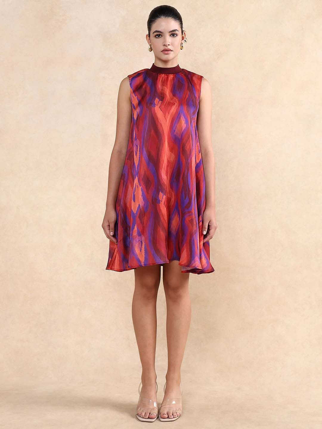 RAREISM Women Abstract Printed Round Neck A-Line Dress