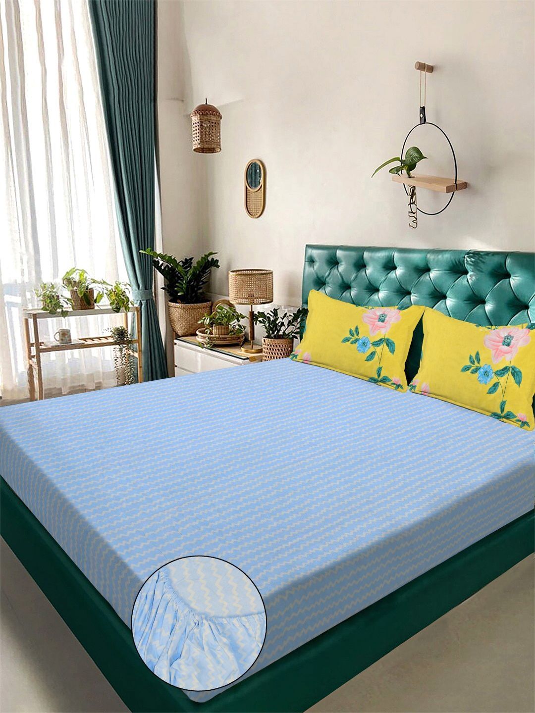 KLOTTHE Biru & Putih Bercetak Bercetak Dilengkapi Cadar King Double 300TC & 2 Sarung Bantal