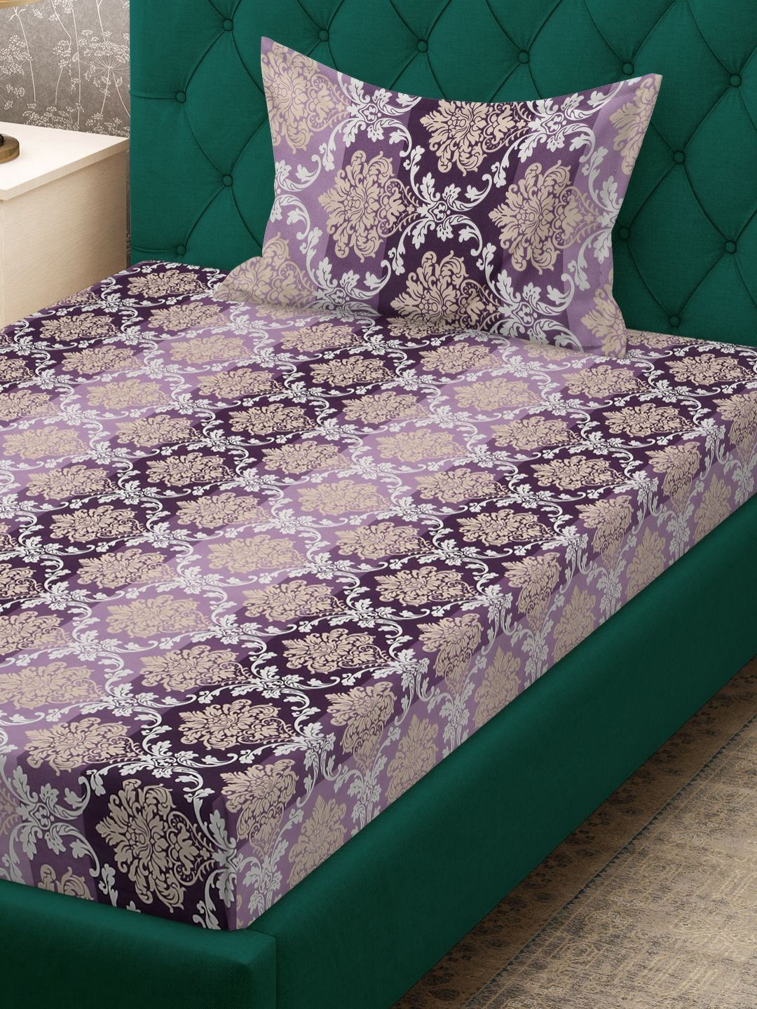 KLOTTHE Purple Ethnic Motifs Cotton 300 TC Single Fine Bedsheet with a Pillow Cover-225 x 150 cm