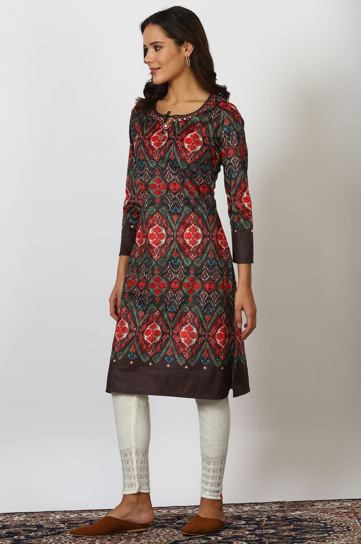 W Ethnic Motifs Printed Mirror Work Keyhole Neck A-Line Kurta
