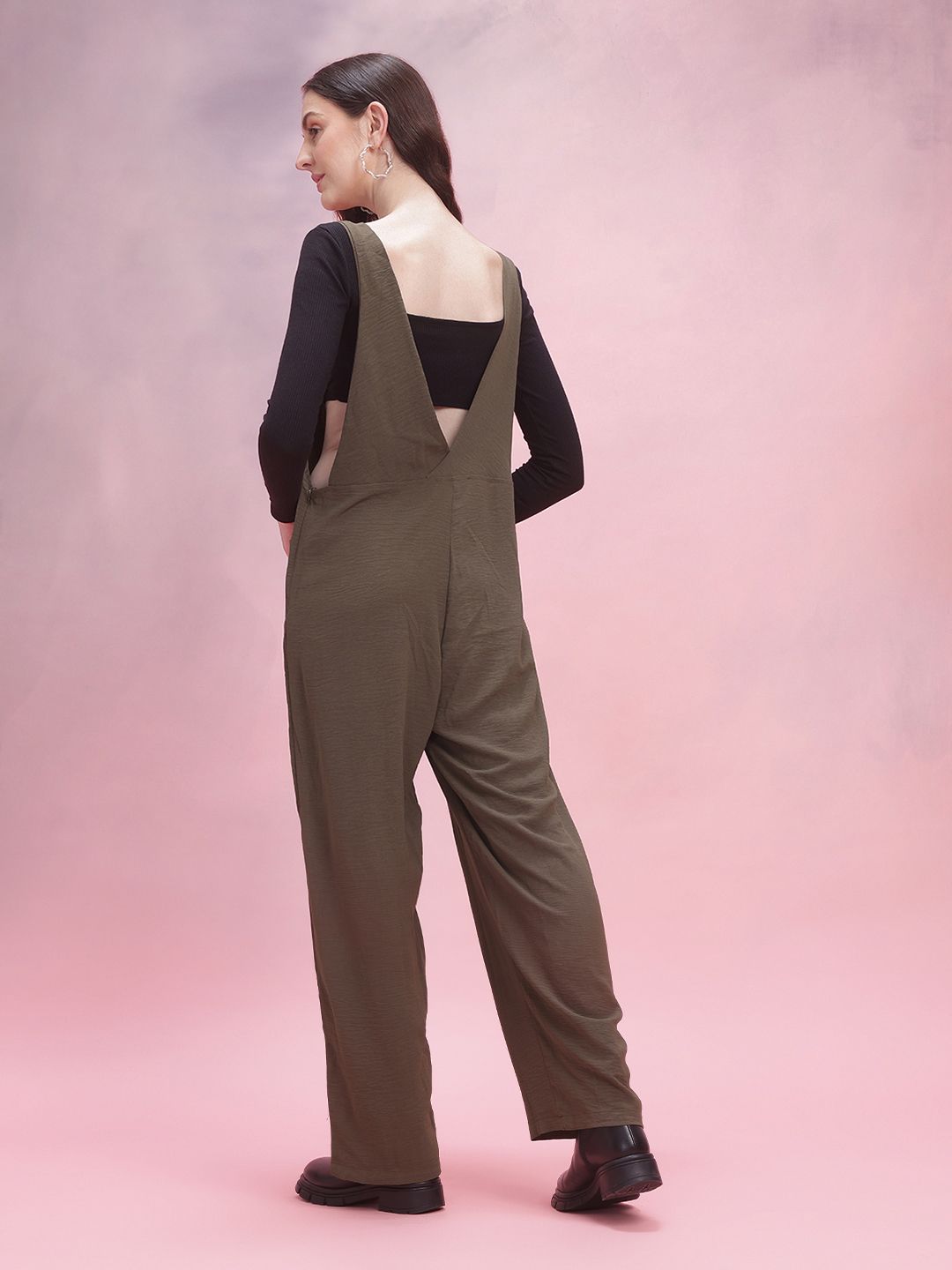 DressBerry Wrinkled Effect Tie-Up Detail Shoulder Straps Basic Jumpsuit