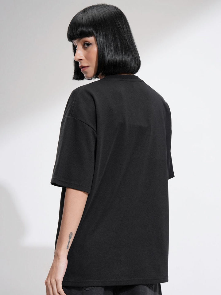 Street By Tokyo Talkies Women Solid Oversized Front Embellished T-Shirt