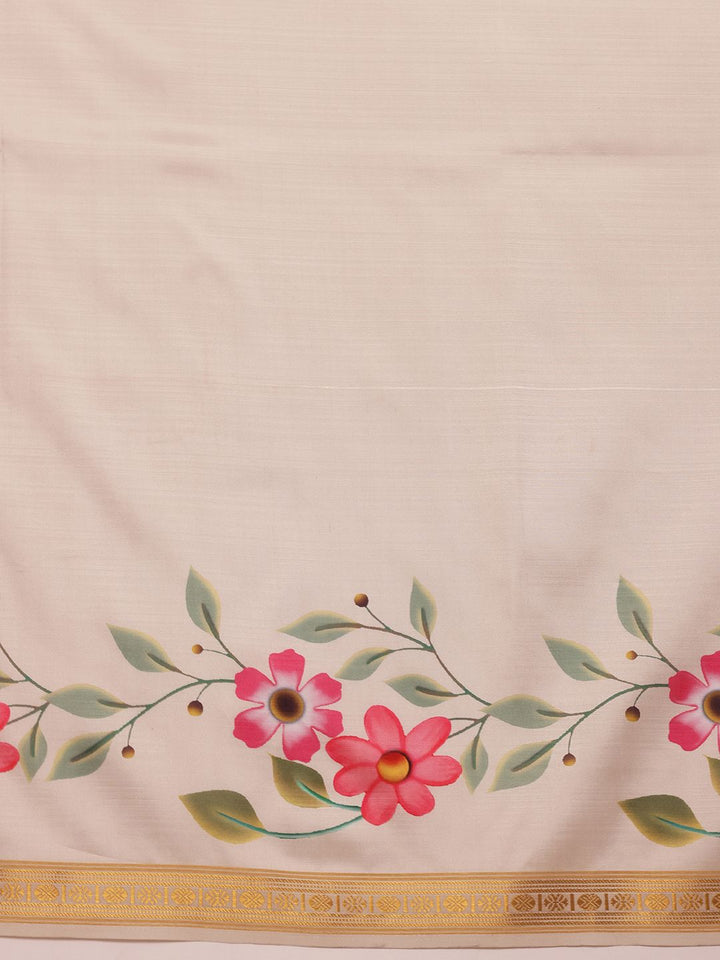 Silk Land Onam Special Floral Printed Kasavu Silk Saree