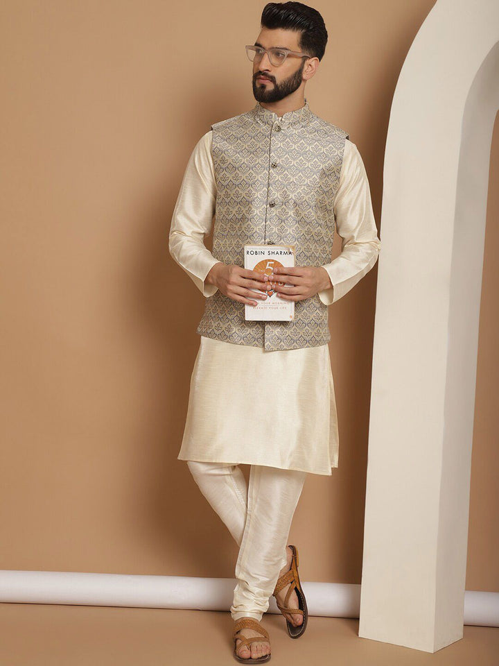 Anouk Woven Design Straight Kurta with Churidar & Nehru Jacket