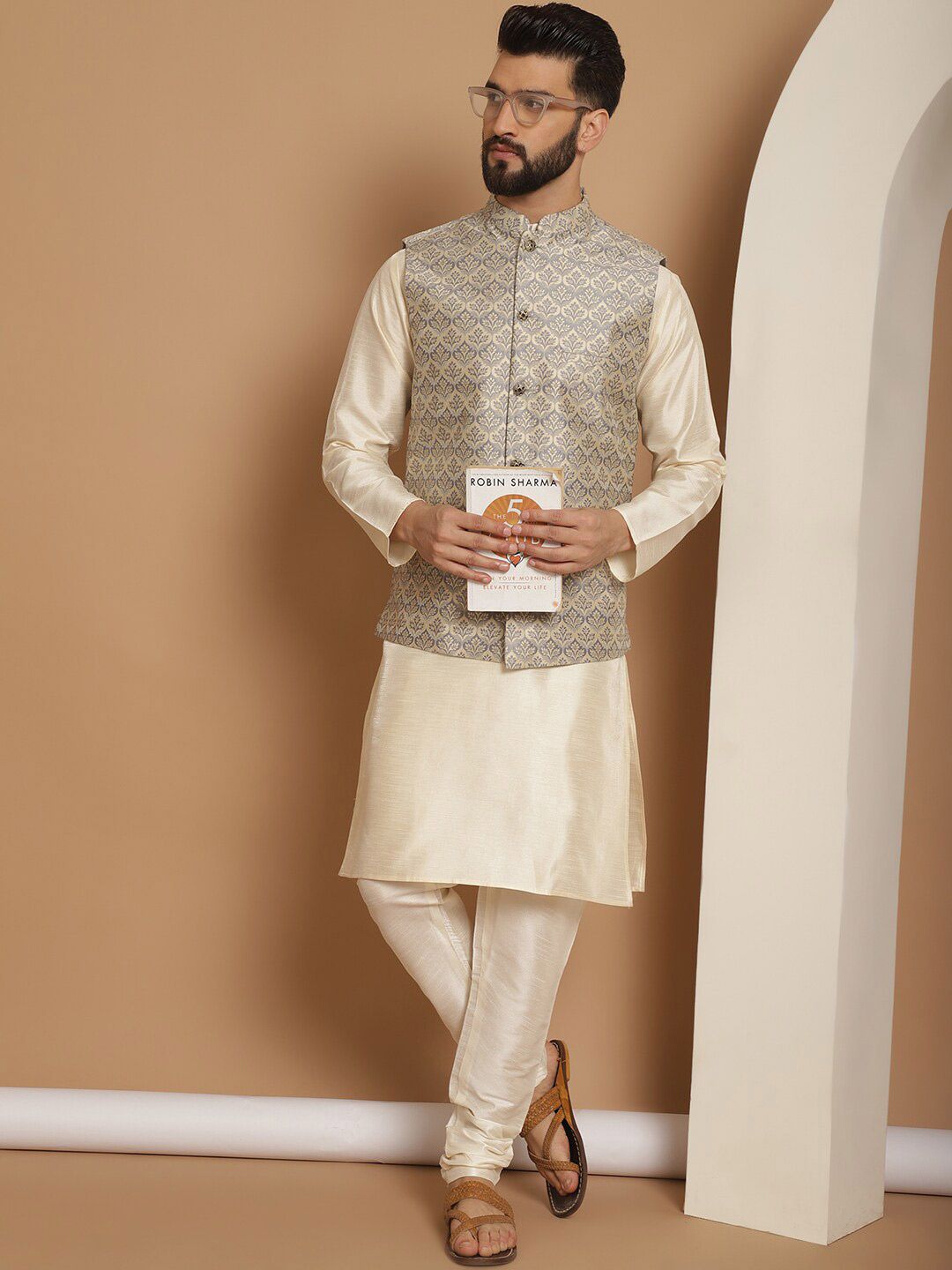 Anouk Woven Design Straight Kurta with Churidar & Nehru Jacket