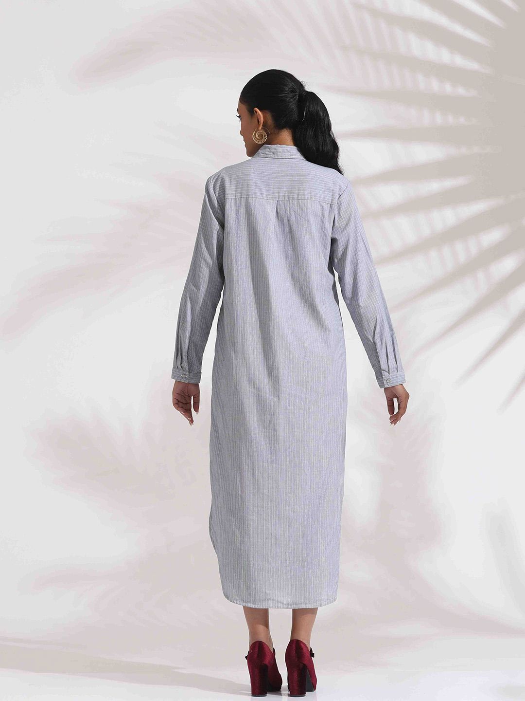 trueBrowns Women Grey Stripe Cotton Shirt Dress