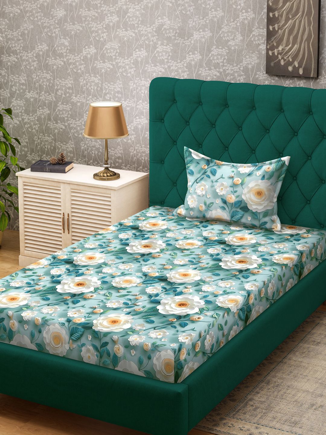 KLOTTHE Turquoise Blue Floral Printed Flat 300 TC Single 7D Bedsheet With 2 Pillow Cover