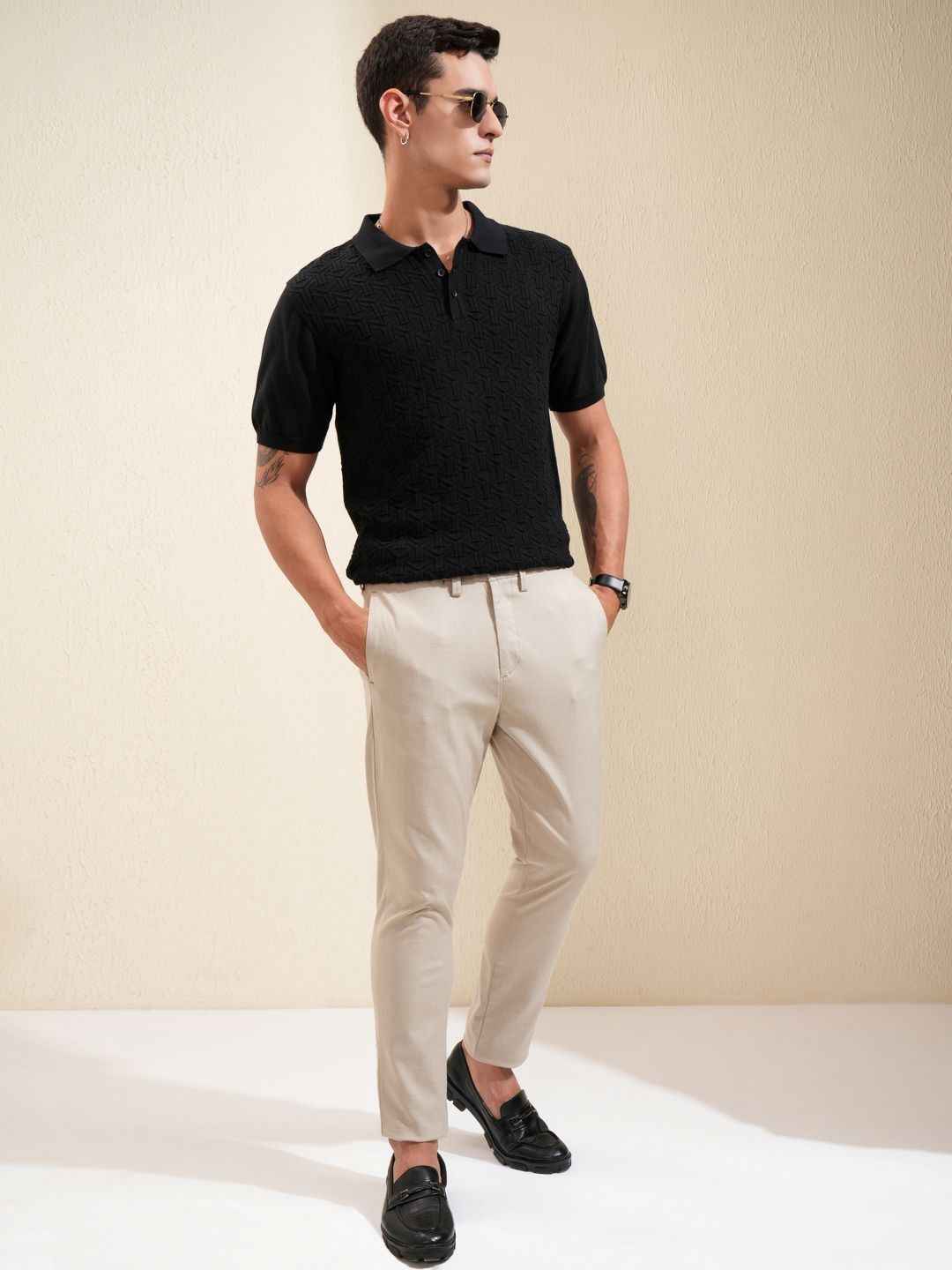 HIGHLANDER Men Self Design Polo Collar Cotton Relaxed Fit T-shirt