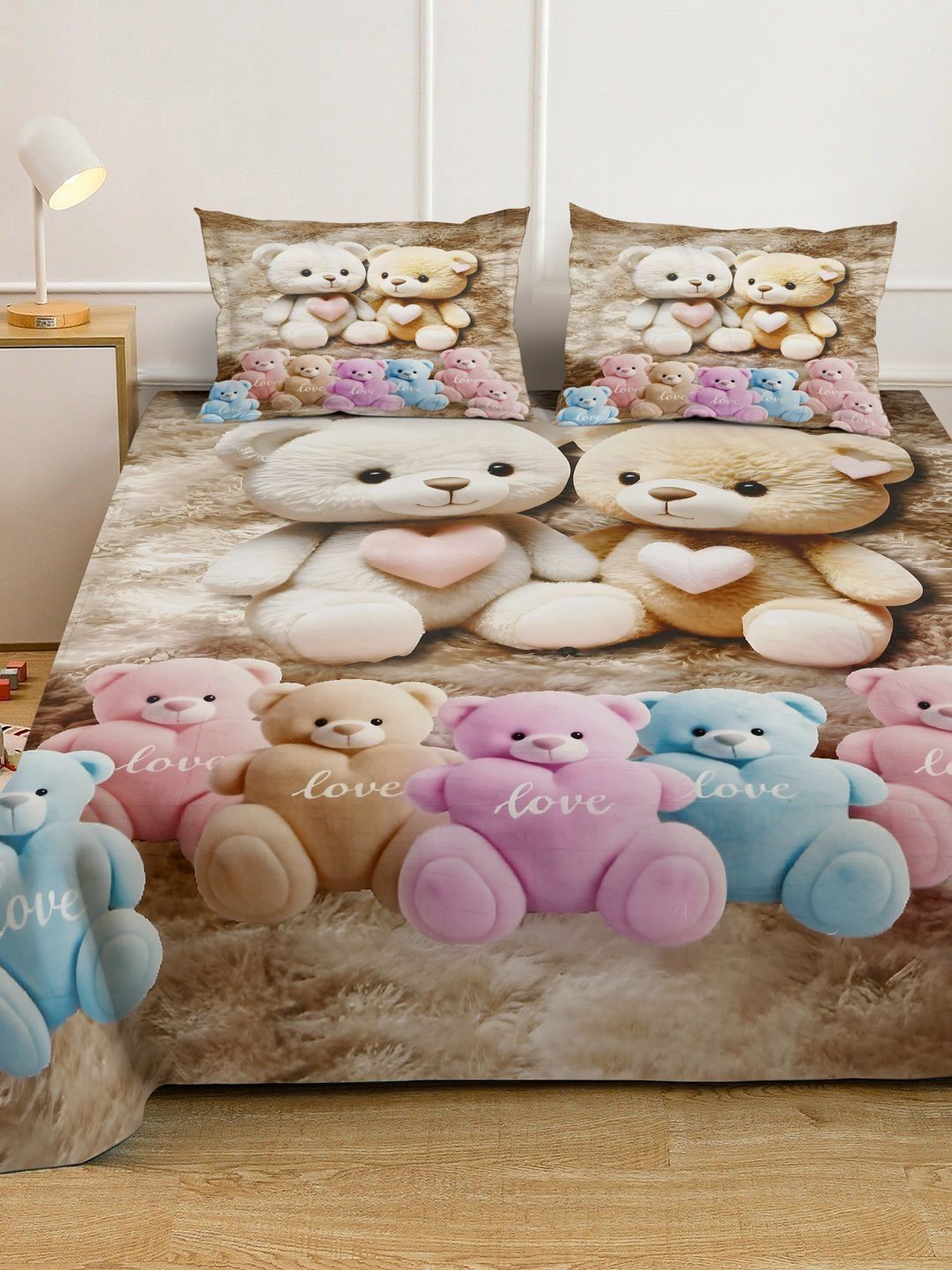 KLOTTHE Beige Cartoon Printed Fitted 300 TC Super King Bedsheet With 2 Pillow Cover