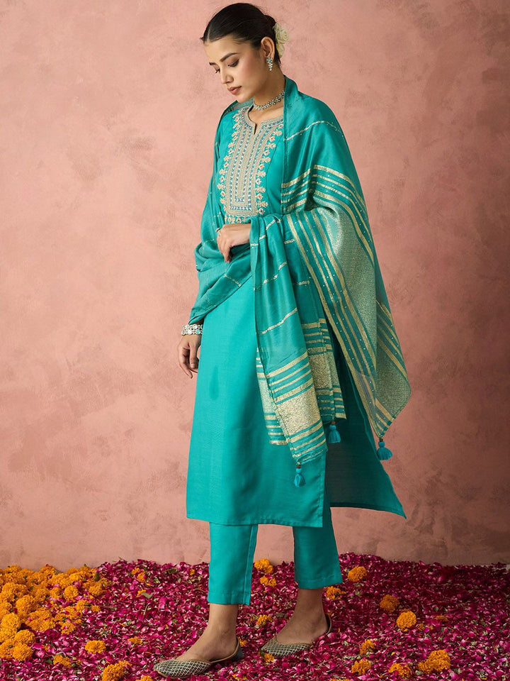KALINI Ethnic Motifs Embroidered Straight Kurta With Trousers & Dupatta