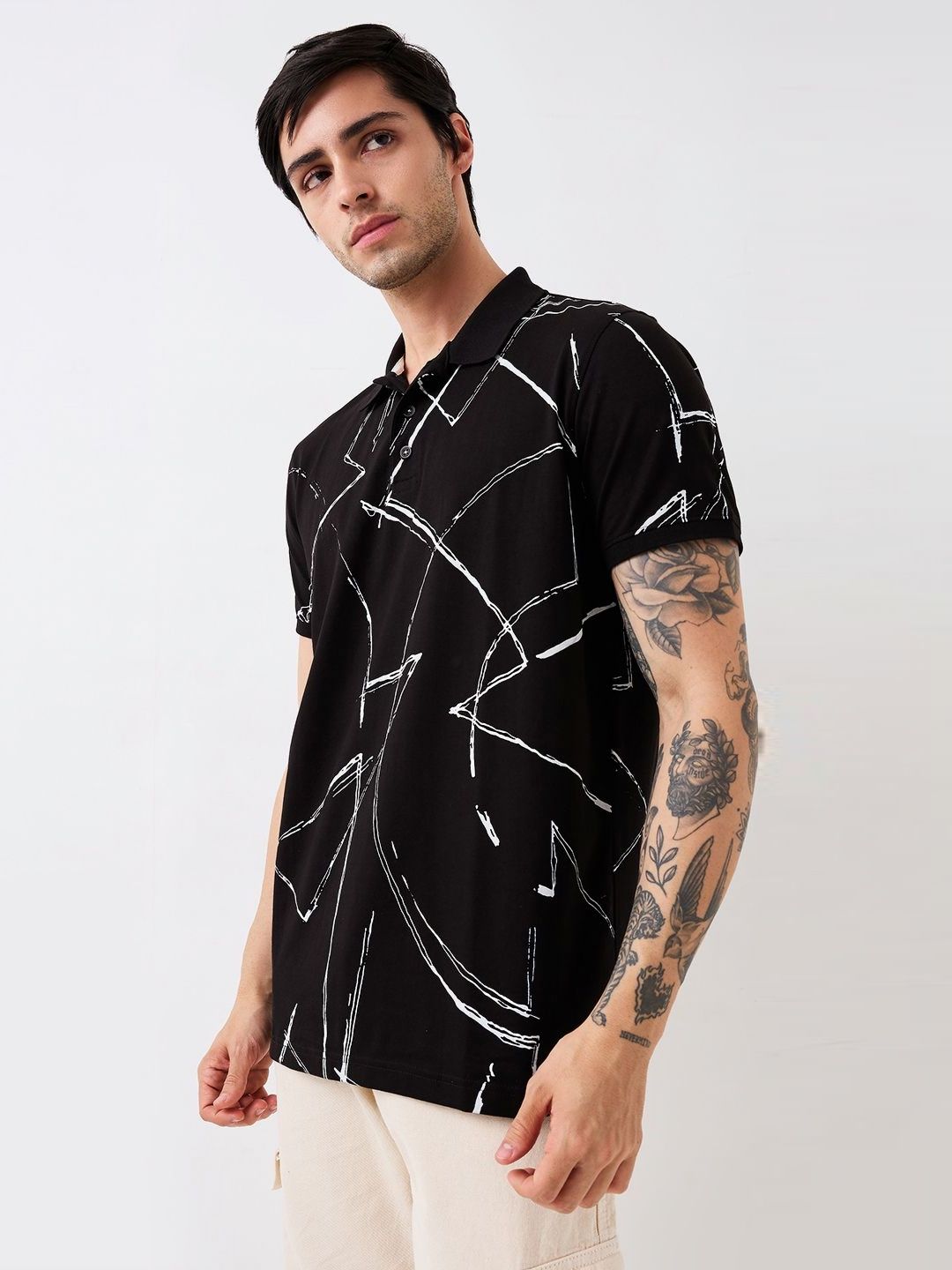 SPYKAR Men Abstract Printed Polo Collar Cotton Slim Fit T-shirt