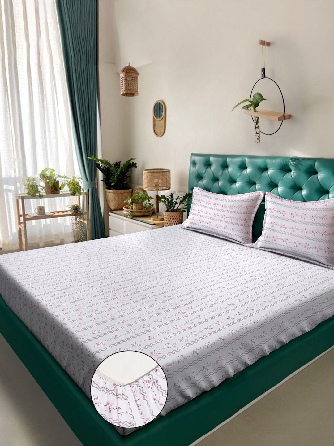 Myntra Elegant Homes White & Pink Floral 400 TC Cadar dengan 2 Sarung Bantal