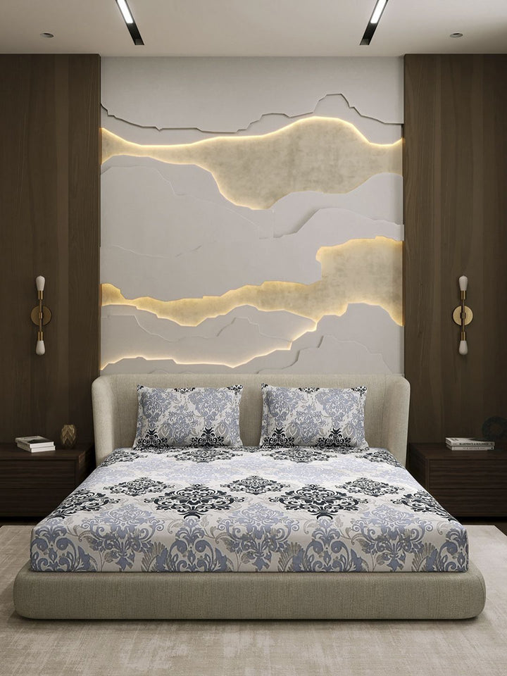 Monte Carlo Grey & White Printed Cotton 104 TC Queen Bedsheet Set 2.24 m x 2.54 m