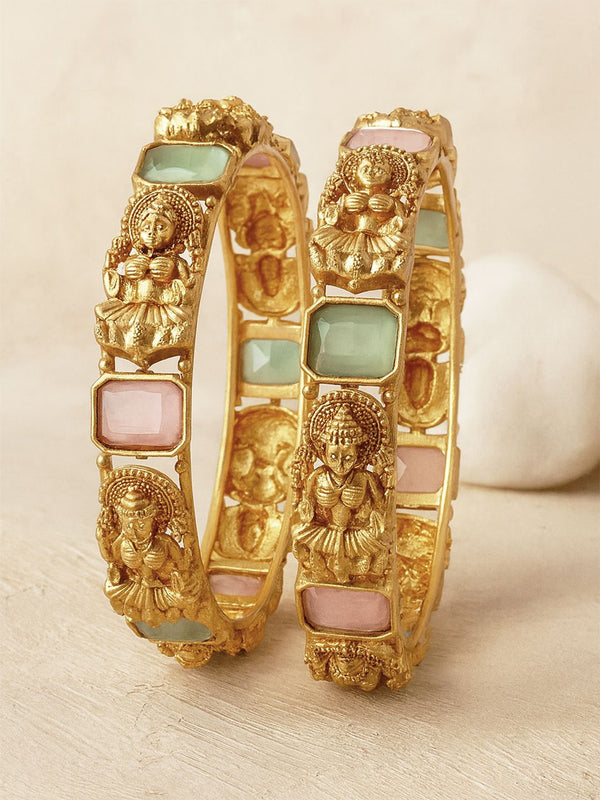 KARATCART Women Set of 2 Gold-Toned & Blue Rajwadi Gold Plated Temple Bangles