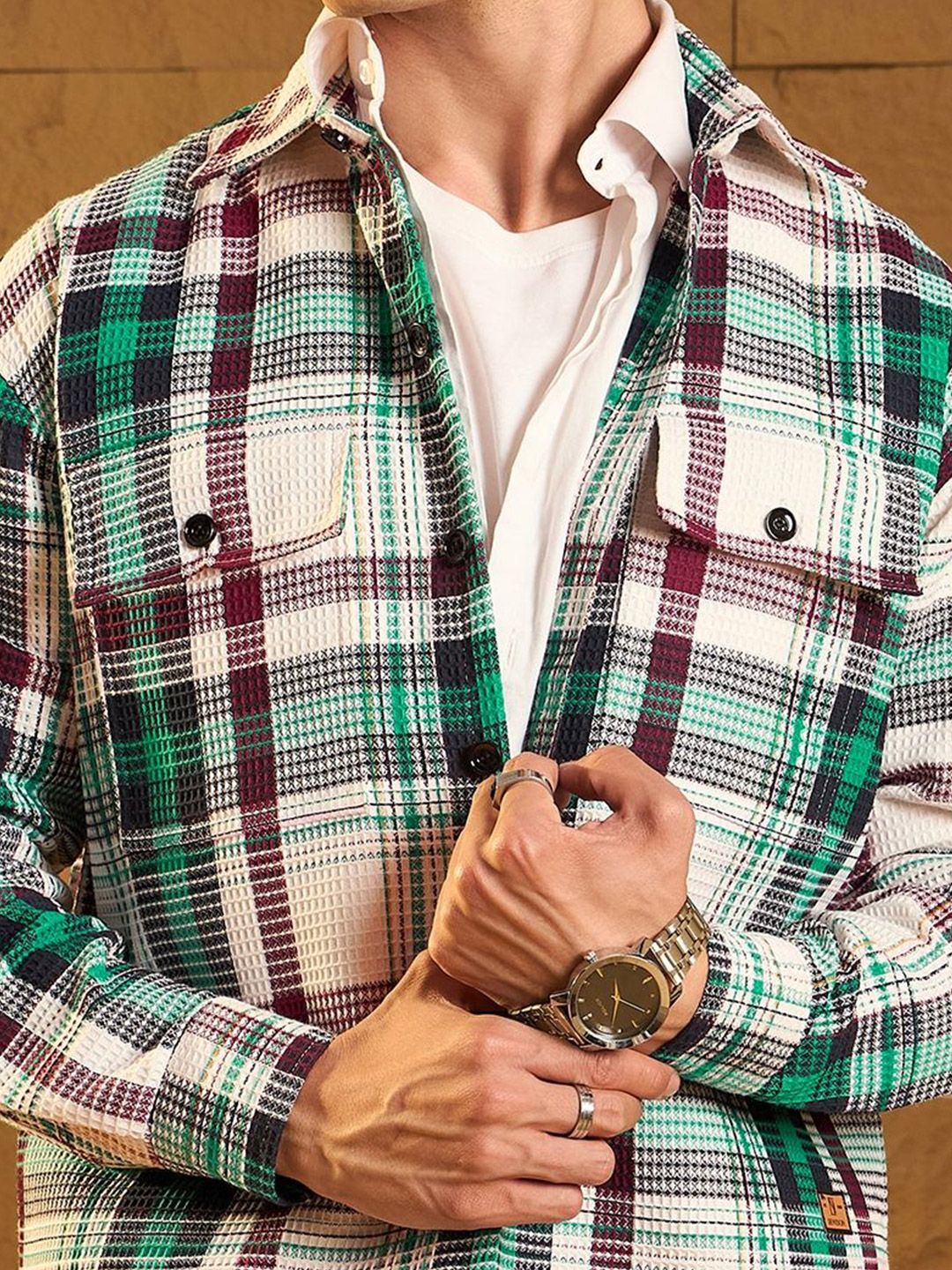 DENNISON Men Double Pocket Drop Shoulder Oversized Cotton Checked Shacket
