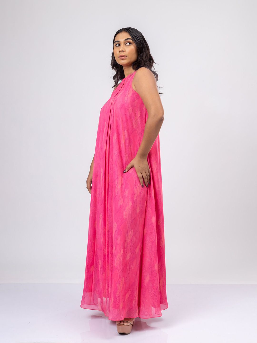 Pakaian Maxi Georgette Leher Halter Bercetak Bunga Mamicha Wanita