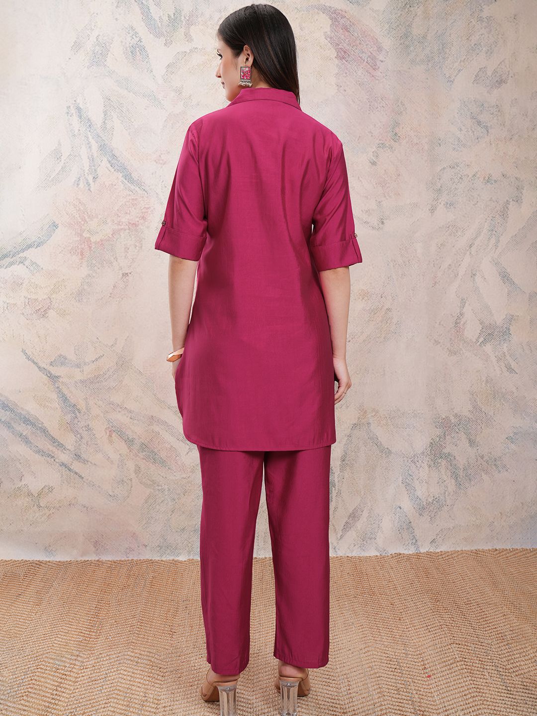 Vishudh Fuchsia Embroidered Shirt Collar Three-Quarter Sleeves Top With Trouser