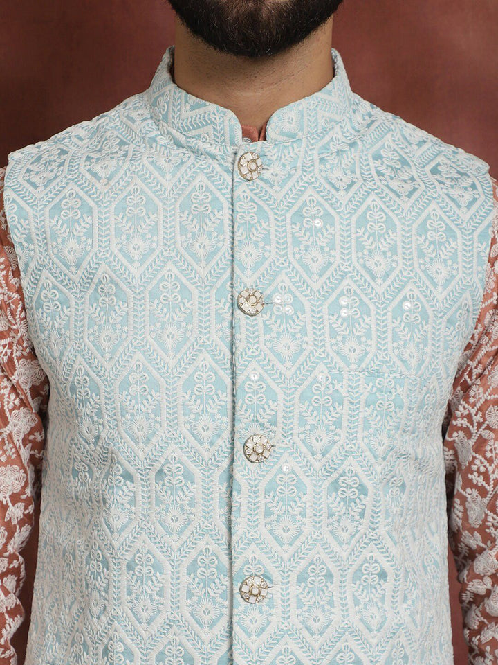 Anouk Embroidered Regular Thread Work Kurta With Churidar & Nehru Jacket