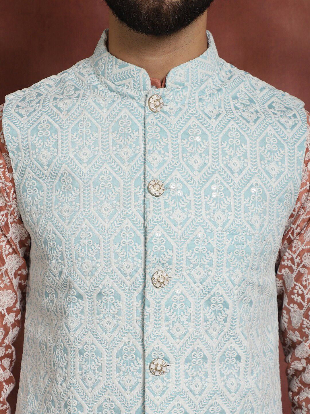 Anouk Embroidered Regular Thread Work Kurta With Churidar & Nehru Jacket