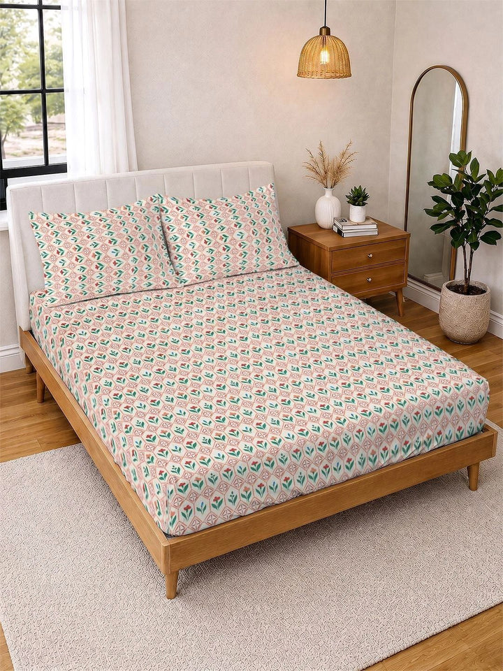Myntra Elegant Homes Cream Floral 300 TC Cadar Katil Double King dengan 2 Sarung Bantal